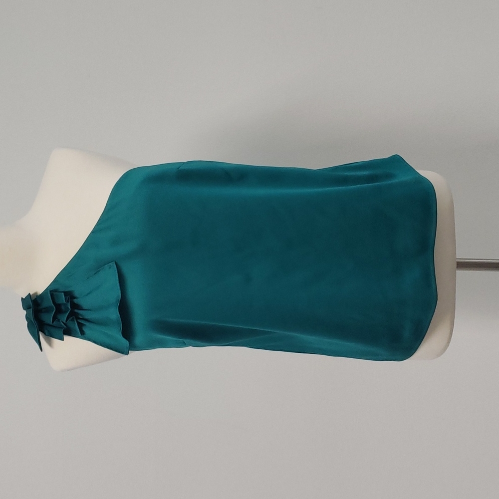 Teal Green Satin One-shoulder Sleeveless Blouse With Ruffles Holiday Size Medium